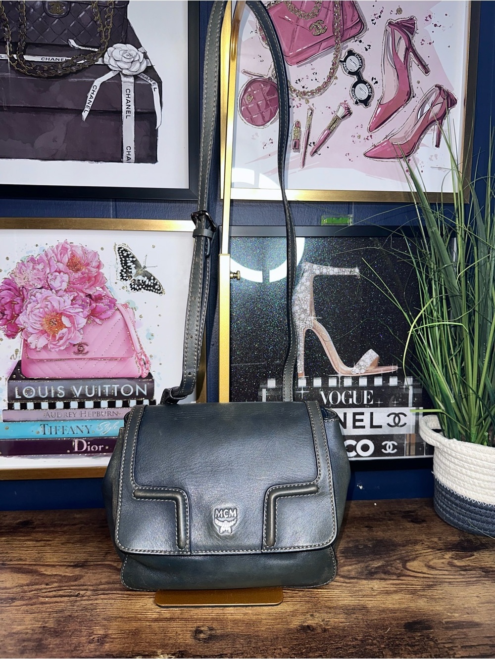 Vintage MCM Navy Blue Leather Crossbody Shoulder Bag Y2K Minimalist Korea Made